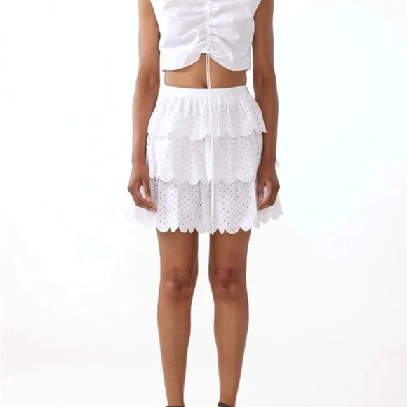 Brand New Jason Wu Scalloped Tiered Eyelet Mini Skirt I’m White Size 2 - Picture 5 of 12